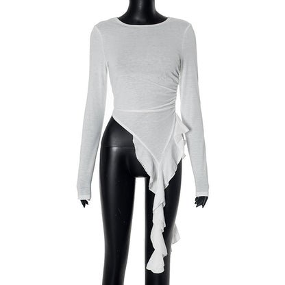 Round Neck Long Sleeve with Ruffles Slim Fit Top Women Clothing