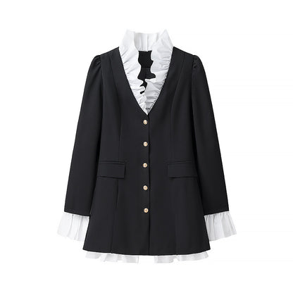 Altair Contrast Ruffled Shirt Patchwork Button Pleated Blazer Mini Dress