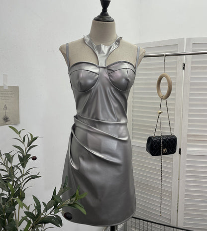 Chest Pad Halter Spaghetti Straps Dress Sexy Slim Fit Ruffle Hip Faux Leather Sexy