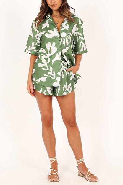 Women Clothing Polo Collar Printed Short Top Shorts Set
