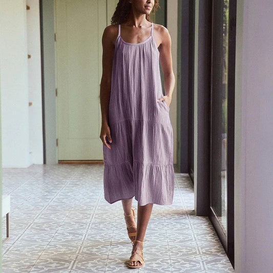 Crepe Cotton Suspender Dress Women Spring Summer Solid Color Sleeveless Midi Dress Holiday Casual Dress