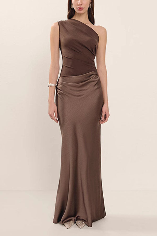 Kaia Satin Contrast Fabric Patchwork One Shoulder Ruched Maxi Dress