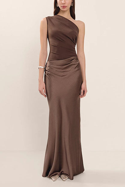 Kaia Satin Contrast Fabric Patchwork One Shoulder Ruched Maxi Dress