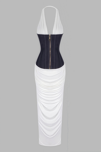 Sarads Deep V White Denim Maxi Dress