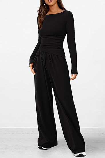 Autumn Casual Suit Asymmetric Long Sleeve T Shirt Wide Leg Pants Casual Wear Sportswear