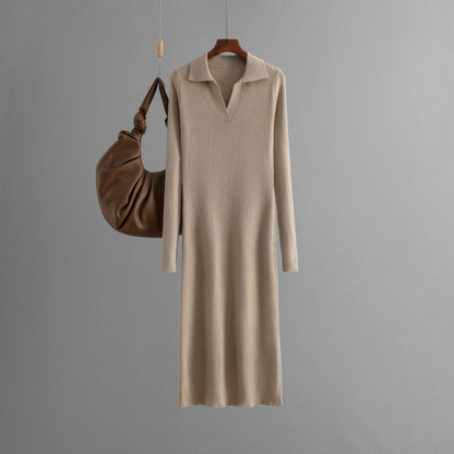 Long Autumn Winter Dress Polo Collar Knitted Solid Color Slim Fit Slimming Base dress Women Clothing