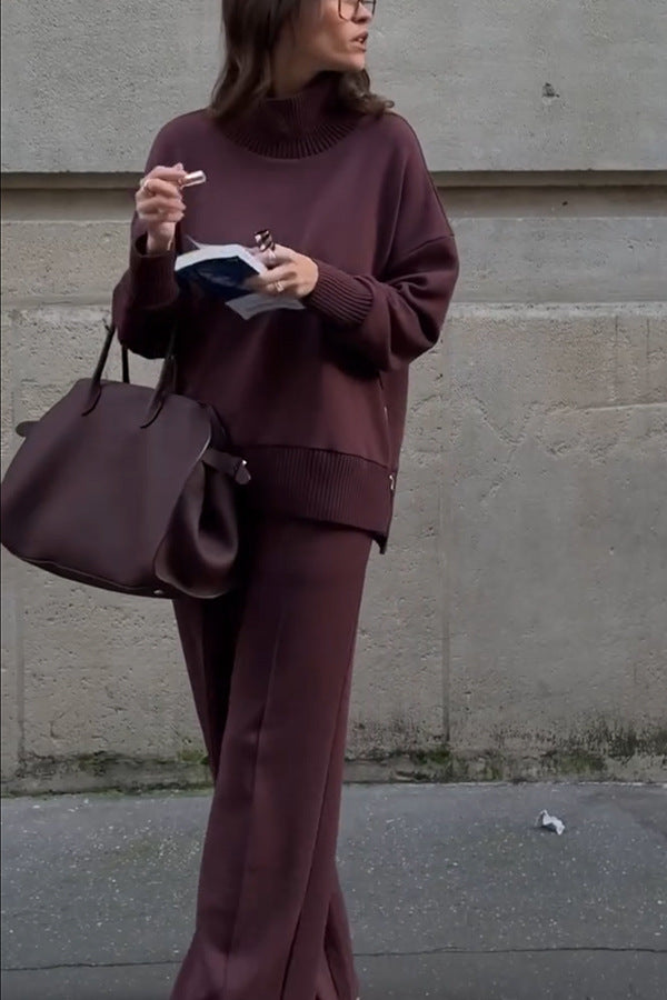 Double Soft Turtleneck Side Zipper Sweatshirt and Elastic Waist Pocketed Loose Pants Set
