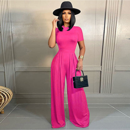 Women Clothing Solid Color Short Sleeve Rompers Wide Leg Pants Two Piece Set