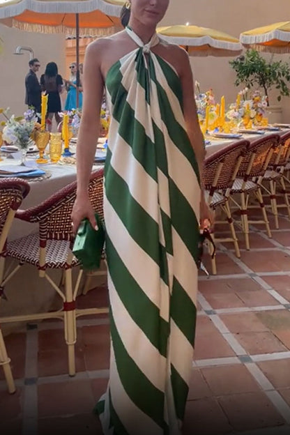 Most Dreamy Stripe Print Halter Tie-up Backless Pocket Loose Maxi Dress