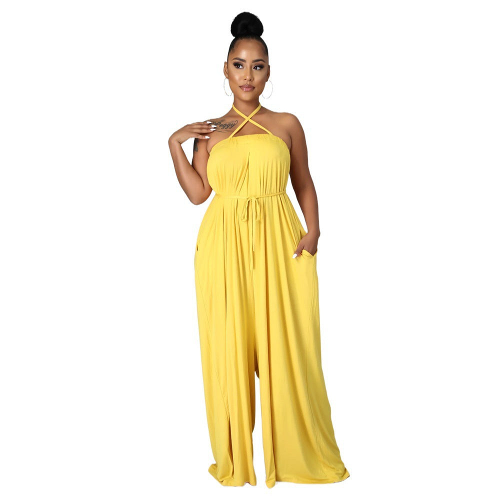 Solid Color Summer Sleeveless Waist Wrapped Chest Loose Wide Leg Women Jumpsuit