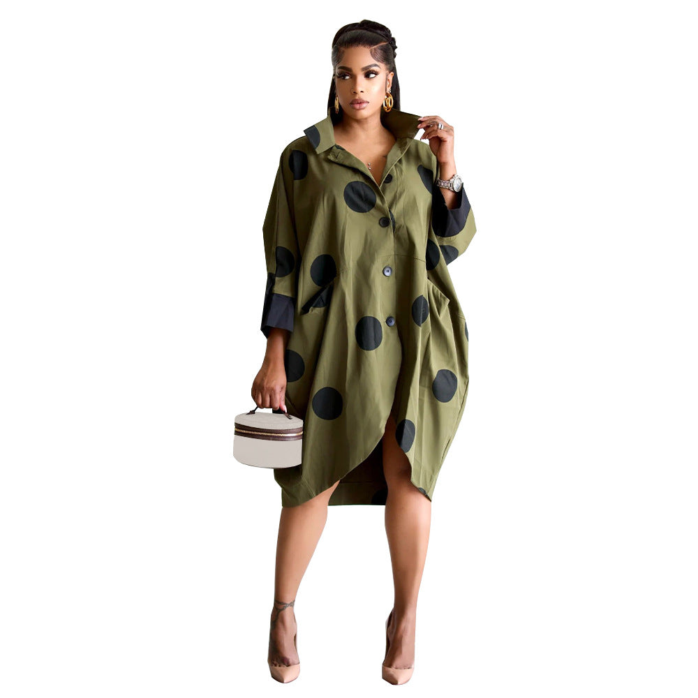 Women Clothing Supply Average Size Printed Nine Quarter Sleeve Shirt Dress Pocket Dress