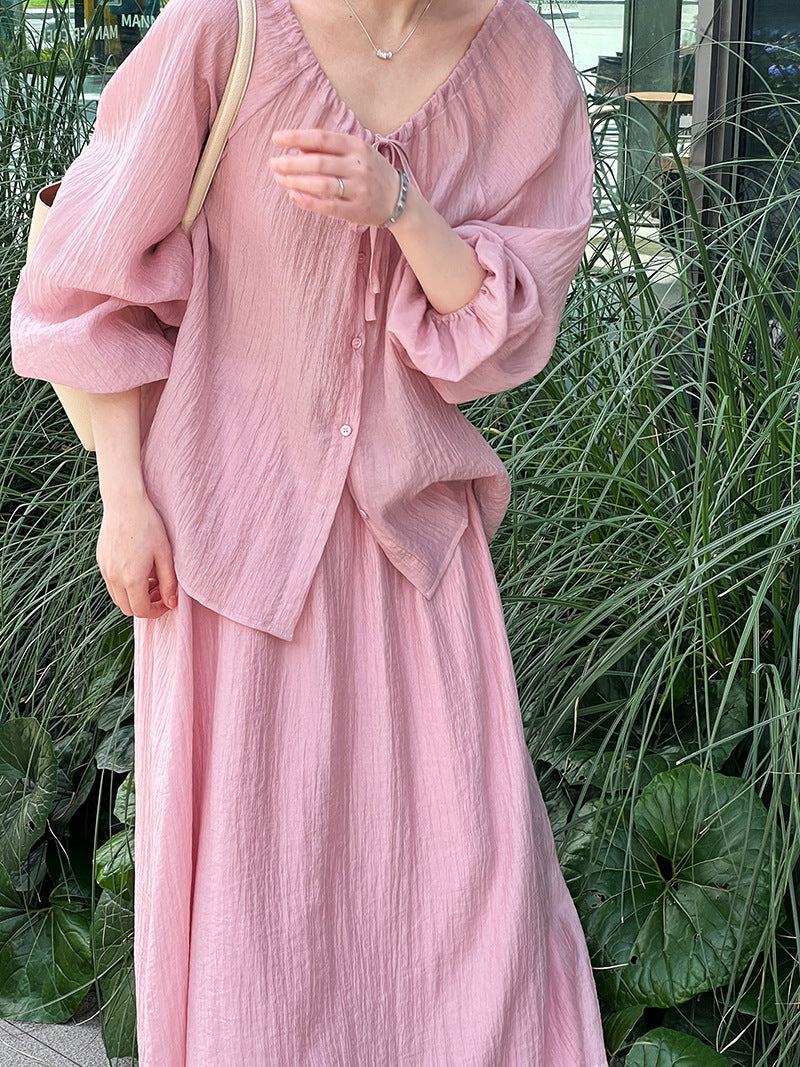 Gentle Drawstring Lace Pleated Sun Protection Shirt Skirt Two Piece Set Vacation Suit