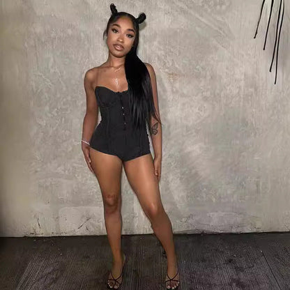 Women Tube Top See through Bra Straps Distressed Rib Sexy Jumpsuit Personality Suspender Shorts
