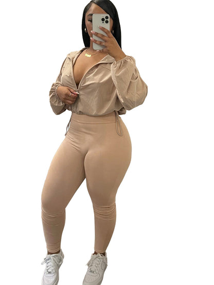 Casual Women Wear Zipper Elastic Buckle Waist Drop Shoulder Sleeve Two Piece Suit