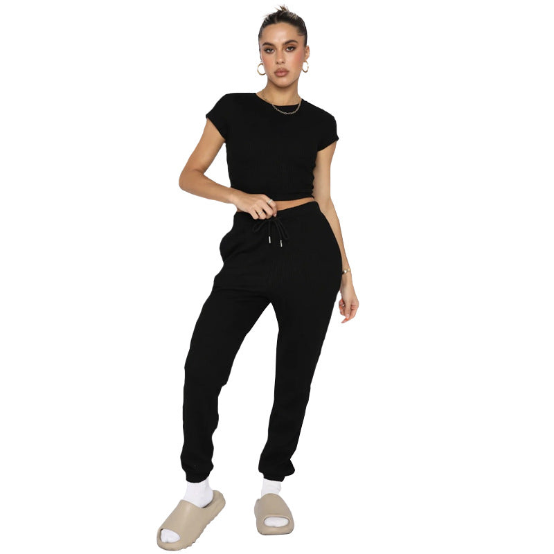 Spring Summer Solid Color Waffle round Neck Short Sleeve Women Clothing Casual Trousers Sets