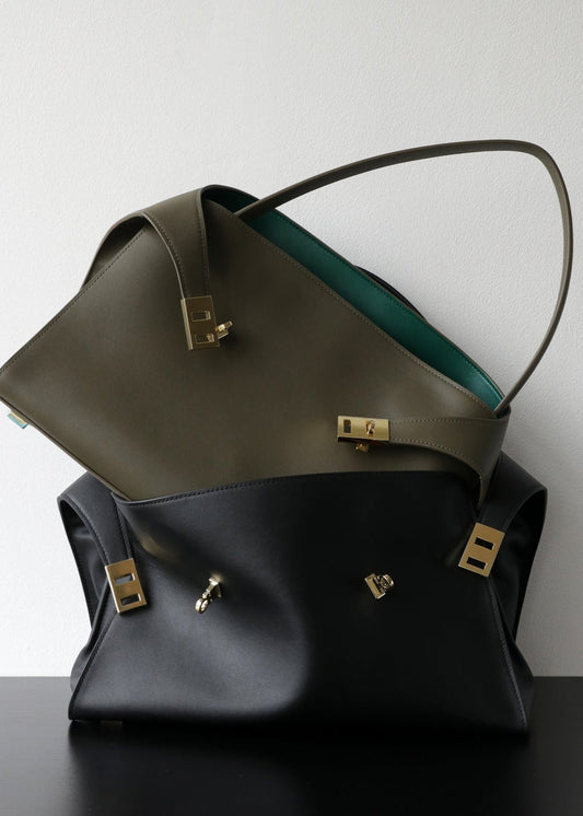 Aurora - Black Leather Tote Bag with Gold Accents