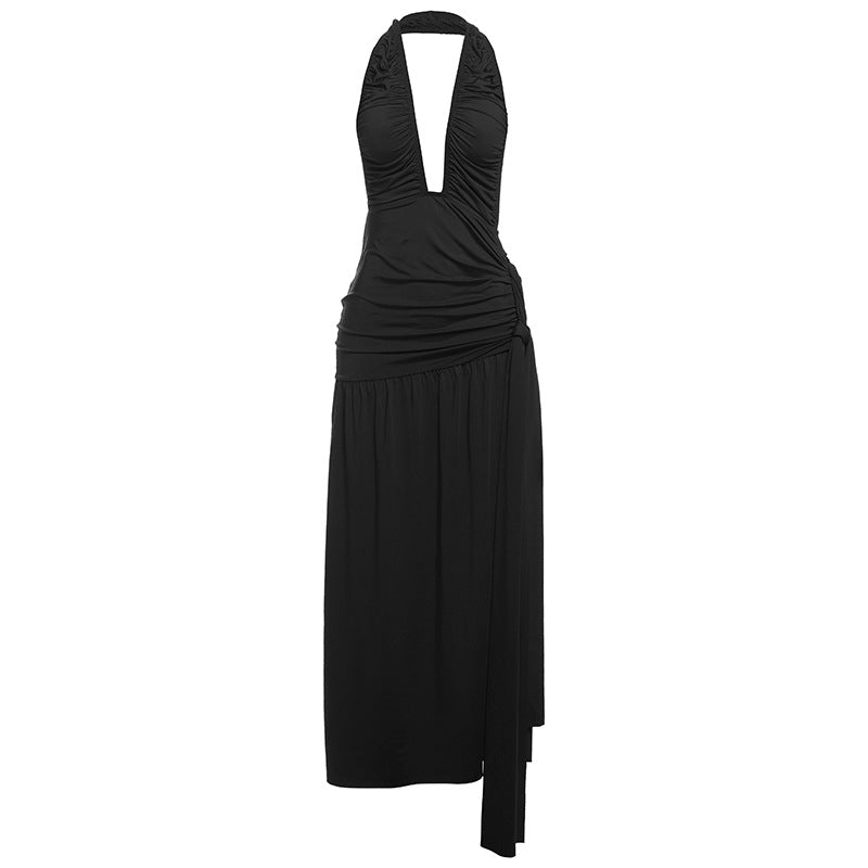 Autumn Winter Women Clothing Elegant Halter Sexy Backless Deep V Plunge neck Pleated High Slit Dress