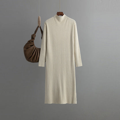 Women Knitted Bottoming Dress, Autumn Winter Half High Collar Mid Length Dinified Sweater Over the Knee