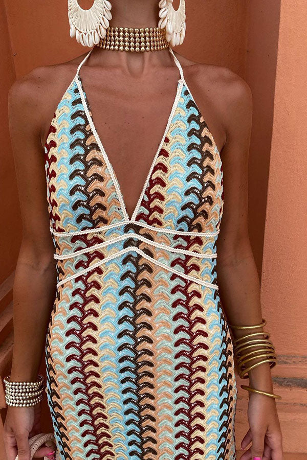 Playful Colorful Knit Holiday Style Halter Neck Maxi Dress