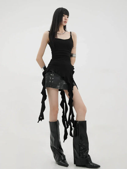 Black Asymmetric Ribbon Strap Tank Top With Ruffle Edge Design
