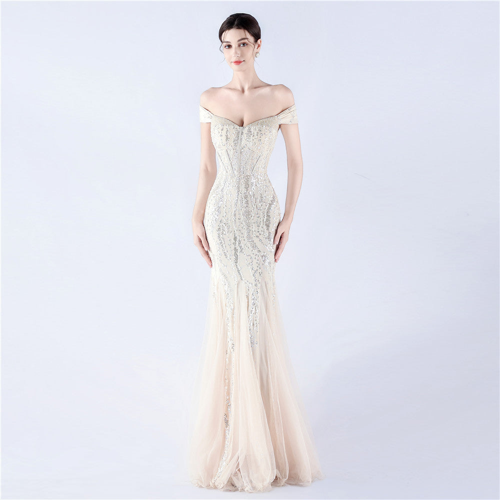 Dress Craft Beaded Mesh Sequin Evening Dress Annual Meeting Performance Host