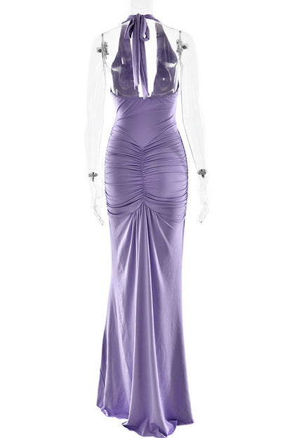 Solid Color Elegant Halterneck V-neck Open Back Tie Gathered Maxi Dress
