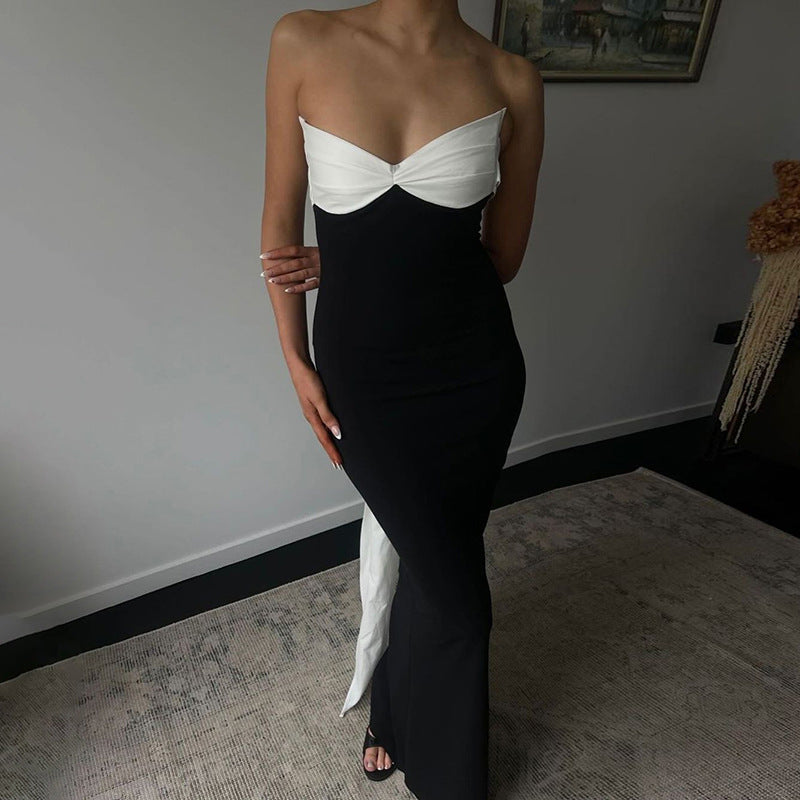 Women Clothing Autumn Winter Color Contrast Sexy Backless Bow Tube Top Ribbon Dress