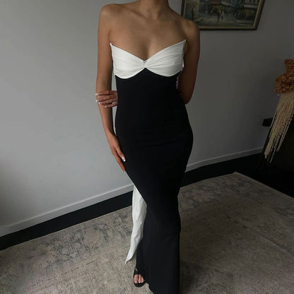 Women Clothing Autumn Winter Color Contrast Sexy Backless Bow Tube Top Ribbon Dress