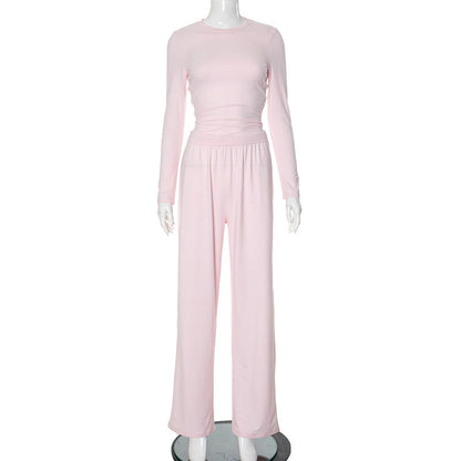 Women Autumn Casual Solid Color round Neck Long Sleeve Basic Wide Leg Pants Set