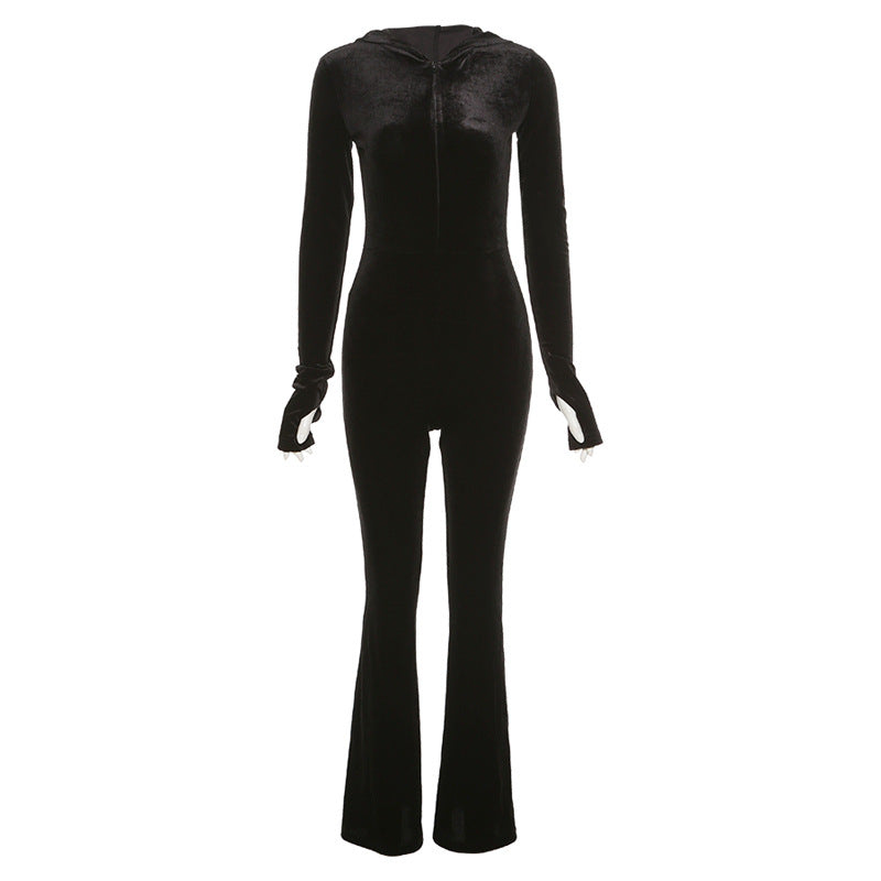 Autumn Women Clothing Hooded Long Sleeve Zipper Straight Slim Fit Bodyset