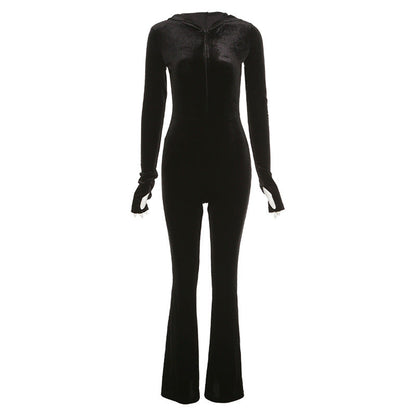Autumn Women Clothing Hooded Long Sleeve Zipper Straight Slim Fit Bodyset