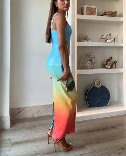 Dreamy Dreamy Sequin Unique Floral Gradient Print Slit Stretch Maxi Dress(Shipped within 24 hours)