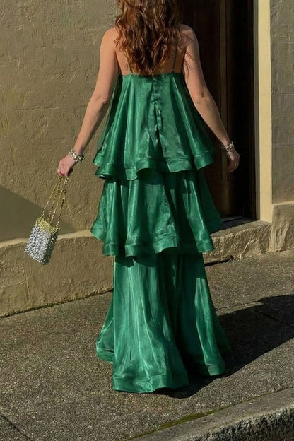Soft and Smooth Satin Tiered Slip Square Neck A-line Maxi Dress