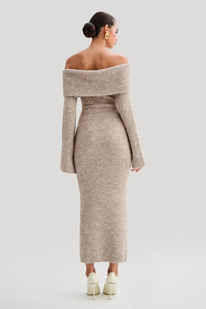Slim Fitted Off-Shoulder Long Sleeve Sweater Dress