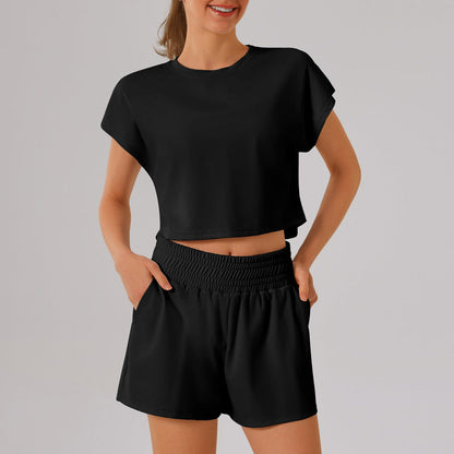 Solid Color round Neck Quick Dry Short Sleeved Top Faux Two Pieces Anti Exposure Shorts Loose Sports Yoga Fitness Set