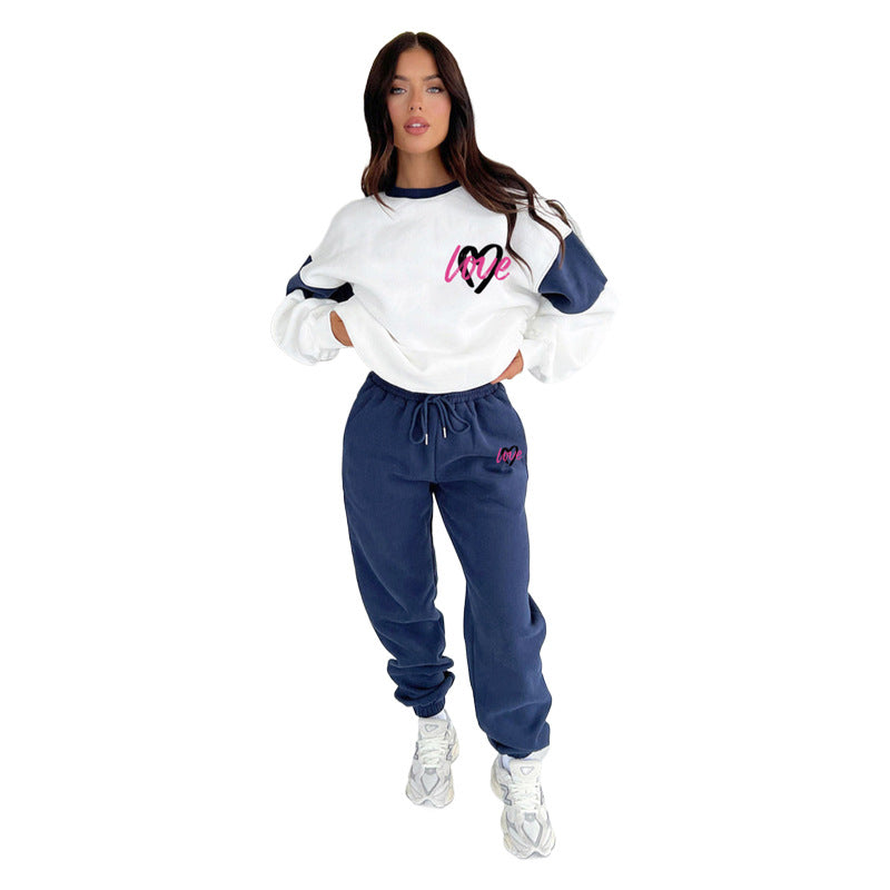 Autumn Winter Peach Heart Multicolor Printing Sweaters Women Clothing Casual Trousers Set