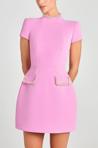 Sweet and Elegant Scent Pearl Trim Short Sleeve Pocketed Mini Dress