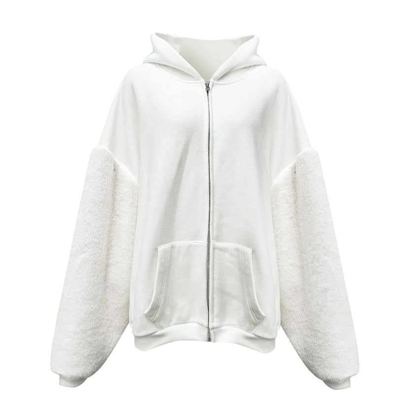 Winter Hooded Fleece lined Furry Sleeves Sweatshirt Women Idle Casual Loose Sleeve Length Cardigan Outerwear Top
