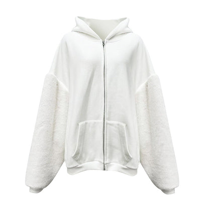Winter Hooded Fleece lined Furry Sleeves Sweatshirt Women Idle Casual Loose Sleeve Length Cardigan Outerwear Top