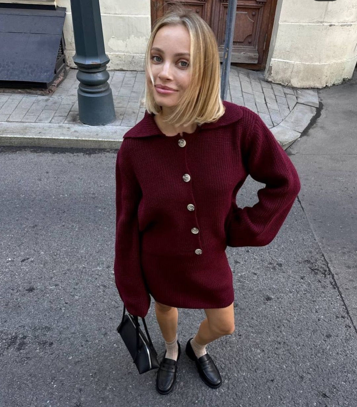Autumn Winter All Match Collared Flared Sleeve Cardigan Short Skirt Woolen Sets