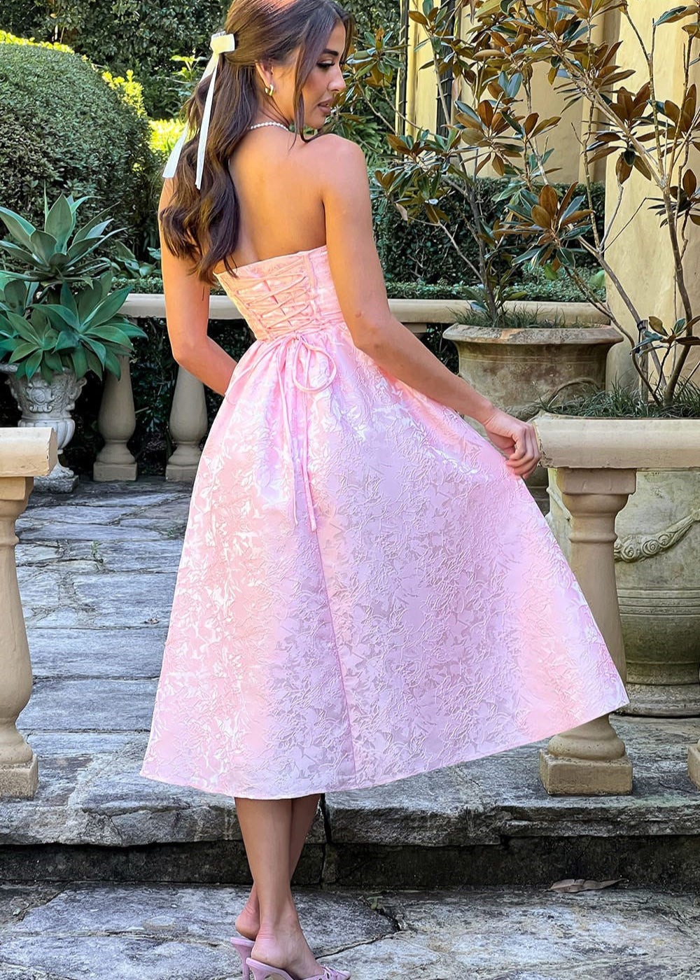 Blush Rosette – Strapless Jacquard Midi Dress with Corset Back