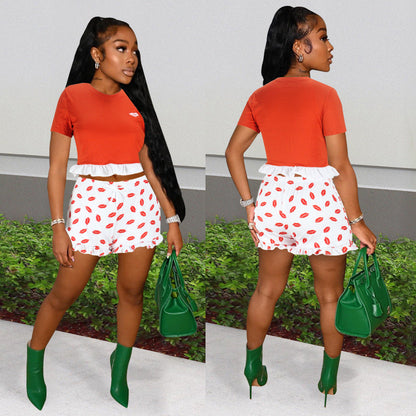 Women Clothing Summer Lace Color Matching Short-Sleeved T-shirt Women Lip Printings Slim Two-Piece Set Romper