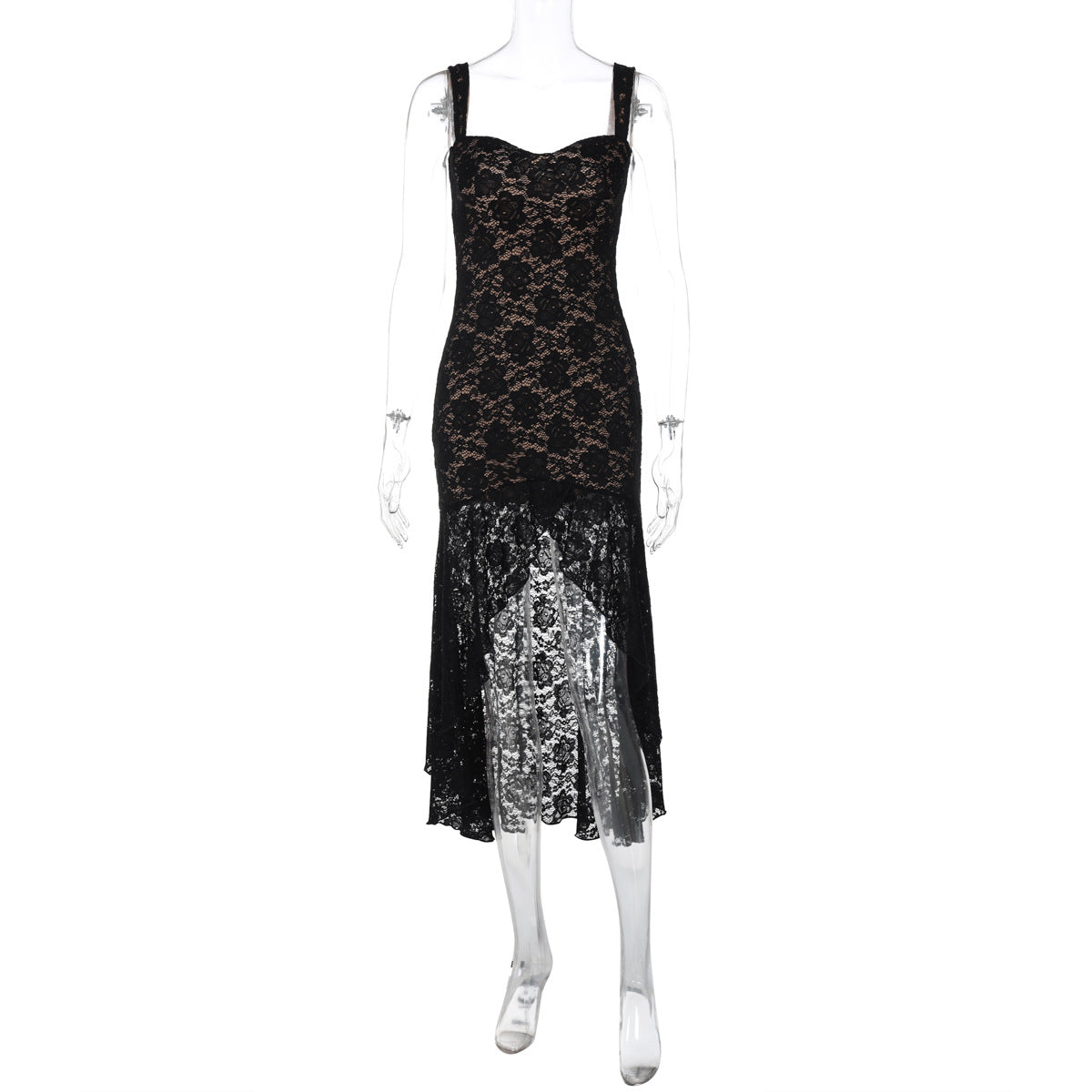 Suspenders Sexy Lace Low Cut Slim Fit Sheath Irregular Asymmetric Swing Circumference Dress