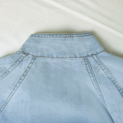 Spring Autumn Gradient Color Light Five Quarter Sleeve Puff Sleeve Pullover Denim Top Casual Cold