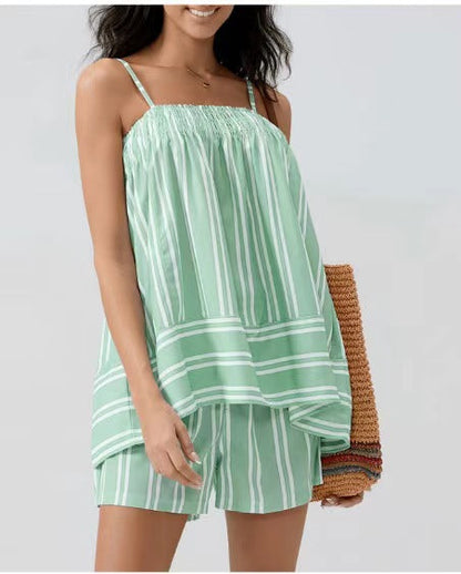 Spring Summer Striped Floral Print Fresh Suspenders Smocking Shorts Set
