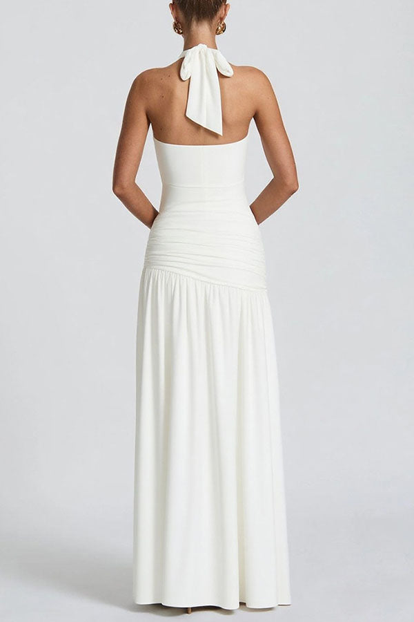 Solid Color Halter Neck Backless Slim Fit Pleated Slit Maxi Dress
