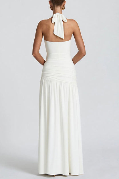 Solid Color Halter Neck Backless Slim Fit Pleated Slit Maxi Dress