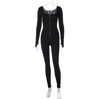 Women Clothing Winter Street Shooting Slim Fit Zipper Long Sleeve Jumpsuit