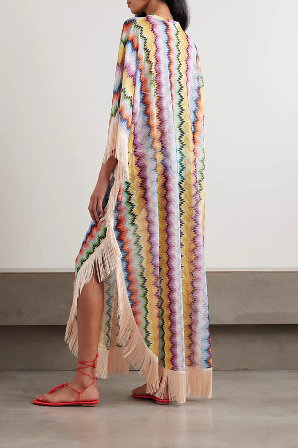 Mezcal Knit Colorful Zigzag Pattern Tassle Trim Loose Kaftan Maxi Dress