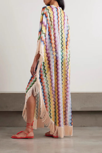 Mezcal Knit Colorful Zigzag Pattern Tassle Trim Loose Kaftan Maxi Dress